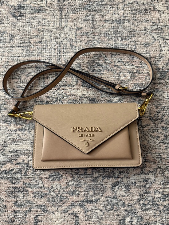 Prada Handbags - Prada Taupe Leather Envelope Crossbody with Gold Hardware